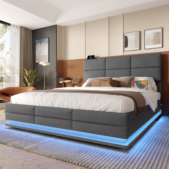 OKWISH Gestoffeerd Bed 180x200 cm - USB En Type-C - Dimbare LED - Hydraulische Lift Met XXL Opbergruimte - Zonder Matras - Donkergrijs