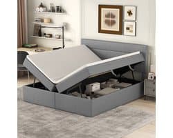 REDOM - Bed - Massief hout & MDF gestoffeerd - Met opbergruimte en gaslift - 140x200 cm grijs