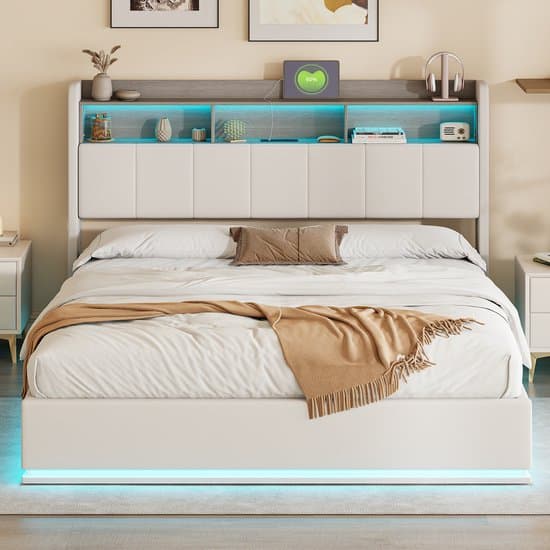 Tweepersoonsbed 160x200 cm – Polsterbed met RGB-LED en USB, Tête de Lit met Opbergruimte, Lattenbodem, Geschikt voor volwassenen en adolescenten, Velours Beige (Zonder Matras)