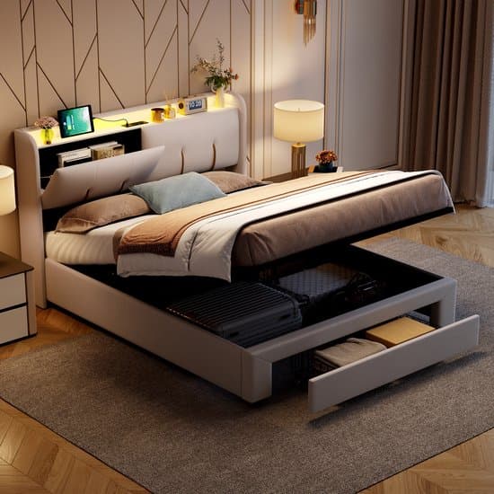 BursDany Opbergbed 160x200 cm met LED en USB, gestoffeerd tweepersoonsbed met laden, opbergruimte en lattenbodem, voor volwassenen en tieners, zonder matras, fluweel beige
