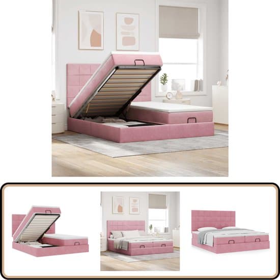 vidaXL Ottoman bed - 160x200 cm - Fluweel roze VidaXL Ottomanbed - Boxspringbed - Tweepersoonsbed - Hemelbed - Fluweel Bed
