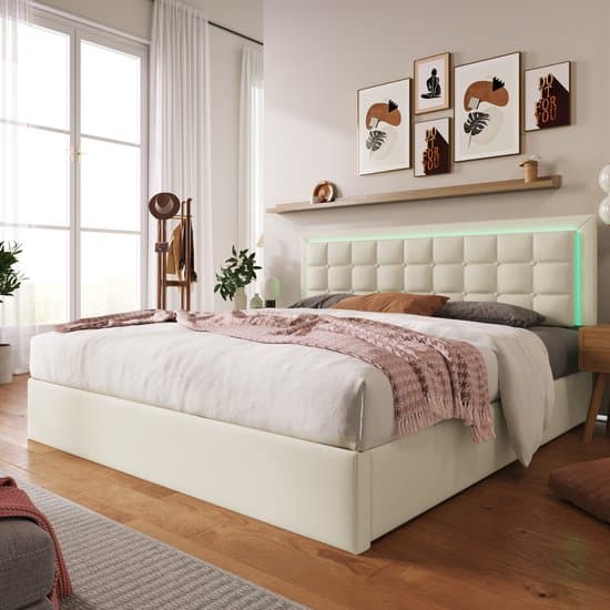 SINGULARITY-Gestoffeerd tweepersoonsbed inclusief led-verlichtingsstrip- bedframe 140x200cm- opbergbed- functioneel bed- bekleding van wit imitatieleer- zonder matras
