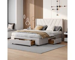 Tweepersoonsbed 140x200cm, Modern opbergbed met hoofdeinde, lattenbodem, 4 opberglades - Perfect voor volwassenen en tieners -linnen beige(zonder matras)