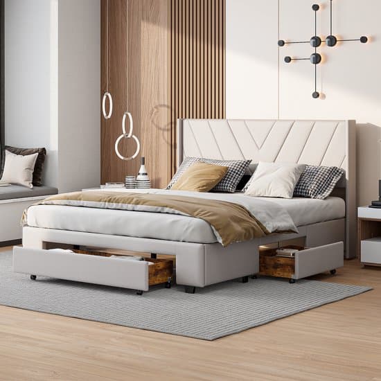 Tweepersoonsbed 140x200cm, Modern opbergbed met hoofdeinde, lattenbodem, 4 opberglades - Perfect voor volwassenen en tieners -linnen beige(zonder matras)