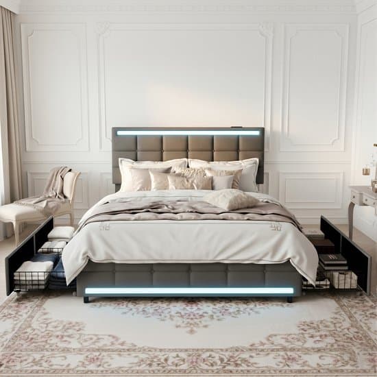 ADFBL Gestoffeerd Bed 140x200 cm Grijs - Bedframe met 4 Lades, LED & USB | Linnen Look Opbergbed