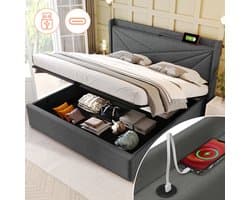 Tweepersoonsbed met opbergruimte 160x200 cm met opbergvak en USB Type-C-oplader - bed met opbergruimte en lattenbodem - in katoen - grijs