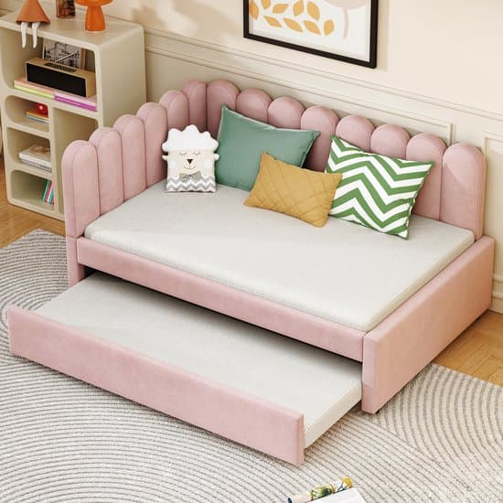 Wishdor – Slaapbank 140x200 cm – L-Vorm met Uitschuifbed – Bloemblaadjesvormige Rugleuning – Romantisch & Flexibel – Fluweel – Roze