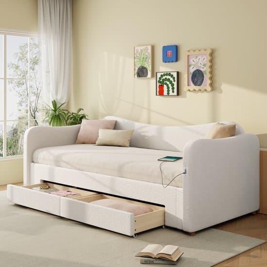 MODFU Ledikant 90x200 cm – Beige bouclé – Uitschuifbaar tot 180x200 cm – 2 laden & USB/Type-C – Incl. lattenbodem – 150 kg