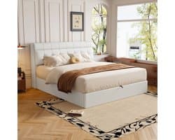 Gestoffeerd bed - 140x190 cm - Hydraulisch met Verborgen Berging - Inclusief Lattenbodem - PU - Wit