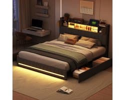 Tweepersoonsbed 140x200 cm, grijs linnen, met 4 laden, USB-poort, lattenbodem en LED-verlichting