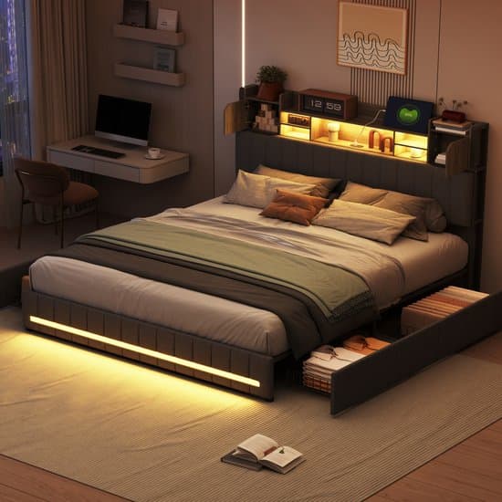 Tweepersoonsbed 140x200 cm, grijs linnen, met 4 laden, USB-poort, lattenbodem en LED-verlichting