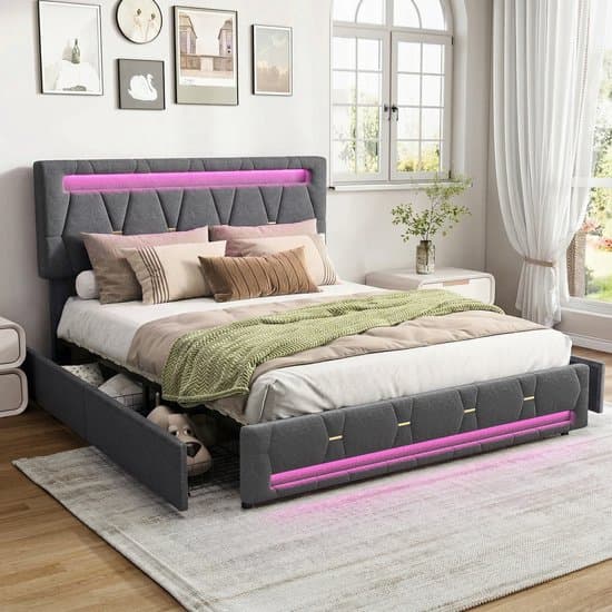 Polsterbed 140x200 cm met LED, Tweepersoonsbed met opbergruimte, met lattenbodem en 4 lades, Bedframe met verstelbare hoofdeinde voor volwassenen en jeugd, Zonder matras, Linnen Grijs