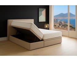 Boxspring Bed met Opbergruimte Napoli 180x200 cm beige Luxe Pocketvering Matras Stof Gratis 2x Hoofdkussens