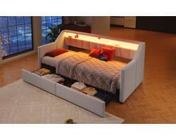 Wishdor Dagbed 90/180x200 cm – Uittrekfunctie – LED Lichtstrip – USB en Type-C – 2 Lades – Linnen – Beige