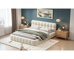 Gestoffeerd tweepersoonsbed 140x200 cm – Casa Velluto LoungeBed met zachte rugleuning, verzonken matrasdesign, lattenbodem en modern jeugdbed – linnen beige, vlakbed zonder matras