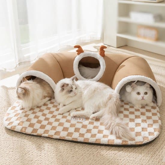 Luxe 2-in-1 Kattentunnel & Kattenmand - L-Vorm Speelmat - 65x40 cm - Bruin/Beige - Met Speelballetjes & Kiekeboe Gat - Zacht Slaapkussen