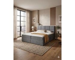 Boxspring Leno- 160x200- Donkergrijs Structuurstof- met vaste matras en opbergruimte- met topper 4cm