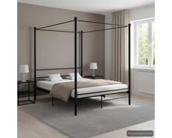 Hemelbed Frame Zwart Metaal 180x200 cm - Stevig Bedframe met Lattenbodem