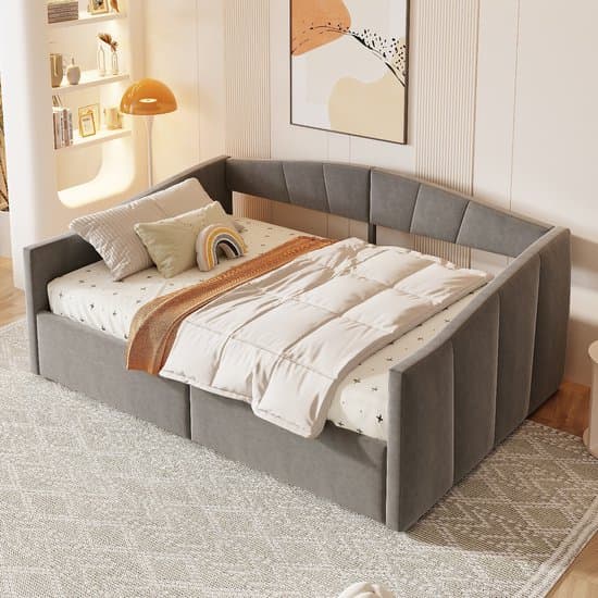 MODFU Ledikant 140x200 cm – fluweel grijs – met hydraulische opbergruimte en armleuningen – sofa-bed design