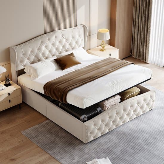 Fluwelen Opbergbed 160x200 Beige – Gestoffeerd Wingback Bed met Lift Opbergruimte – Tweepersoonsbed met Knopen & Nagelrand – Lattenbodem