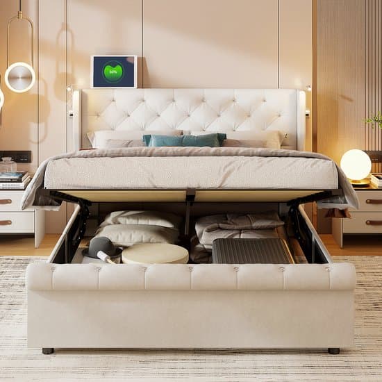 Tweepersoonsbed 160x200cm met USB/LED, hydraulisch opbergbed, continental bed, jeugdbed met lattenbodem en opbergruimte, fluweel