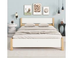 Tweepersoonsbed - houten bed - jeugdbed - bed voor volwassenen - hoofdeinde en voeteneinde met MDF - naturel wit - 140x200 cm