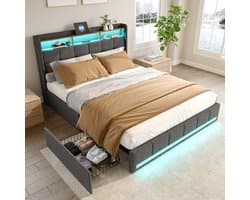 Gestoffeerd tweepersoonsbed 160x200 cm met LED's en USB - Modern opbergbed met hoofdeinde, lattenbodem, 4 opberglades - Perfect voor volwassenen en tieners - Grijs linnen (zonder matras)