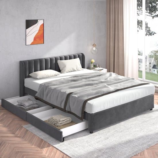 MODFU Bed 180x200 cm – Velvet grijs met hoog hoofdeinde – 2 handige laden – Lattenbodem inbegrepen – Modern design