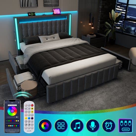 OKWISH Gestoffeerd Bed 160x200 cm - USB-C Laadpoort En Smart LED - 4 Laden Opberging - Tweepersoons Slaapkamer - Linnen Bekleding - Grijs Zonder matras