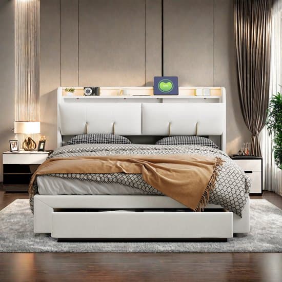 Hydraulisch Tweepersoons Opbergbed 140x200 cm Beige Fluweel met LED en USB Oplaadpoort