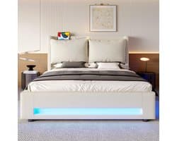 BLACKCOLORS Modern fluwelen hemelbed met elegant hoofdeinde, praktische opbergruimte, USB-C-poorten, sfeervolle ledverlichting, verwijderbare kussens en geïntegreerde stofbescherming. Stijlvol en functioneel. 140*200 cm