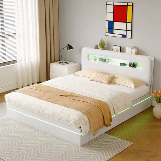 Tweepersoonsbed Opbergbed 160x200 cm - RGB LED-verlichting, Dubbel Opberg hoofdeinde, Gestoffeerd Bed voor Volwassenen en Tieners, Beige Fluweel (Zonder Matras)