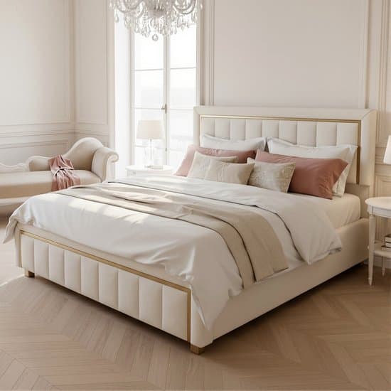ADFBL Ottomaans Bed 160x200 cm Beige - Fluweel Bed met Opbergruimte & Gouden Rand | Art Deco Hotel Chique