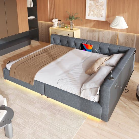 Wishdor – Slaapbank 140x200 cm – Met 7-kleuren LED & USB-C – Inclusief Lattenbodem – Stijlvol & Slim – Linnen – Grijs