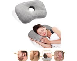 Oorkussen met gaatjes - Gebogen slaapkussen voor op de zij - Met gaatjes in de oren - Oorbeschermingskussen - Orthopedisch oorkussen voor slapen op de zij - Machinewasbaar - Verstelbaar katoen - Geschikt voor oorpijn en oorontsteking - Grijs