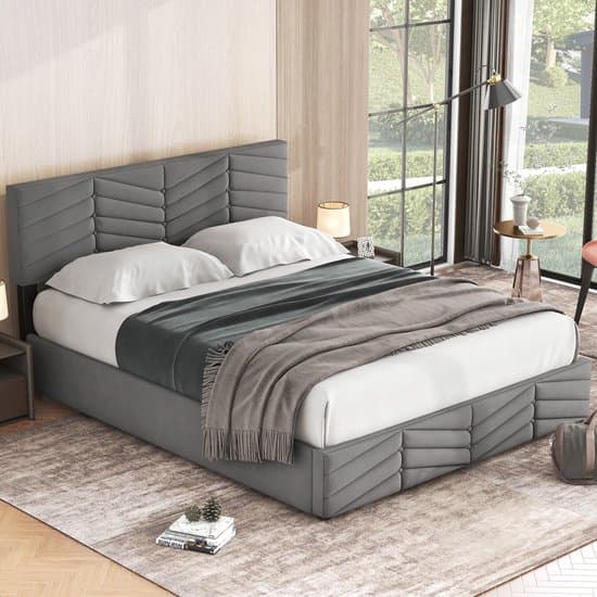 Gestoffeerd bed - 140 x 190 cm - Tweepersoonsbed - opbergbed met veel opbergruimte - Verstelbaar hoofdeinde - Zonder matras - Grijs