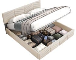 Gestoffeerd bed - 140 x 200 cm - Tweepersoonsbed - opbergbed met veel opbergruimte - Verstelbaar hoofdeinde - Zonder matras - Beige