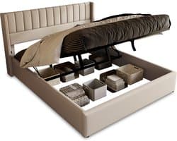 Merax Kingsize Tweepersoonsbed 180x200 cm – Opbergbed met Hydraulisch Lattenbodem en Opbergruimte – Beige – Verstelbaar Hoofdeinde