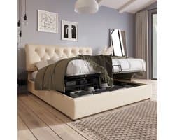 REDOM Hydraulisch opbergbed 140x200 cm – verstelbaar hoofdeinde 106–112 cm, linnen, gaslift, zonder matras