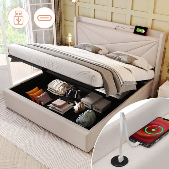 Volwassen bed 140x200 cm met opbergvak en USB Type-C-oplader - bed met opbergruimte en lattenbodem - in katoen - beige