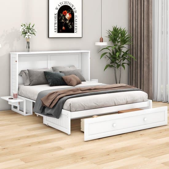 Mobiel opbergbed - 140x200 cm - Wit - Grenen MDF - Kan omgebouwd tot boekenkast - Extra opbergruimte - Stevige constructie 180 kg belastbaarheid