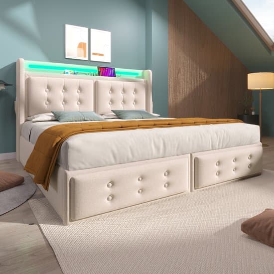 REDOM opbergbed 140x200 cm – Katoen-linnen, hydraulisch, LED, stopcontact+USB – Beige