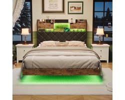 Zwevend Bedframe 140x200 met LED & Opbergruimte – Metaal & Walnoot – USB, USB-C & Stopcontact