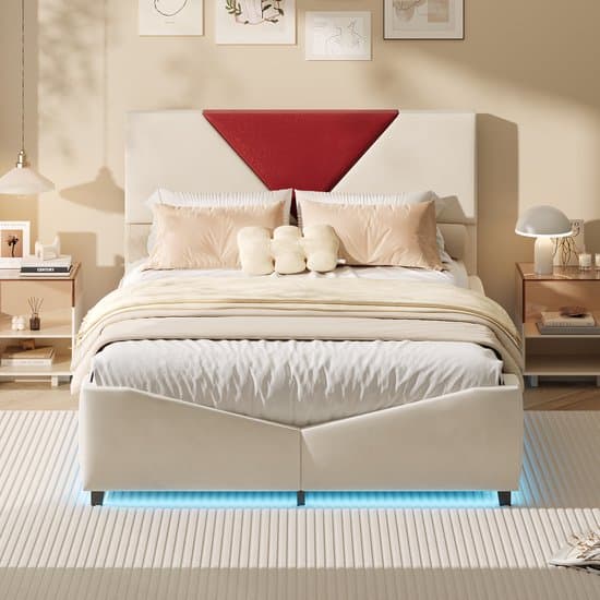 Tweepersoons Opbergbed 140×200 – Beige Fluweel – LED Bedbodem – Gaslift Opbergruimte