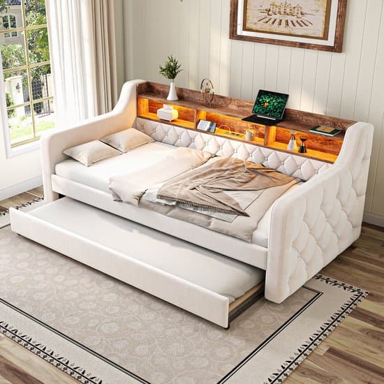 Slaapbank - 90x190 cm - Luxe met LED - USB-C en Opbergruimte - Fluweel - Beige