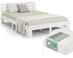 Homestyle4u Tweepersoonsbed - 140x200 cm - Houten bed - met matras en lattenbodem - Wit