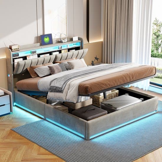 BursDany Tweepersoons Opbergbed 140x190 cm met LED en USB, Opberg Hoofdeinde - Gestoffeerd Bedframe voor Volwassenen en Tieners, 500 KG Ondersteuning, Grijs Fluweel (Zonder Matras)