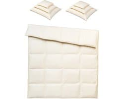 Donzen Dekbed 220x200cm – 3 kg Dons Vulling - 2 Persoons Ganzendons Dekbed – 100% Katoenen Tijk - Satijnen Bies – Kleur Crème – Herfst/Winter Seizoen + Kussens 2 x 70x80mm + 2 x 50x60xm + 2 x 40x40cm