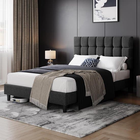 Gestoffeerd tweepersoonsbed 140x200 cm met verstelbaar hoofdeinde – Stabiel metalen bedframe met lattenbodem, modern stoffen bed donkergrijs slaapkamer bed