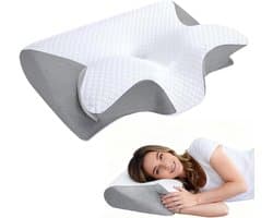 Memory Foam Slaapkussen - Ergonomisch Orthopedisch Kussen met Gecontourde Zijsteun - Grijs - Nekpijn en Rugpijn Verlichting